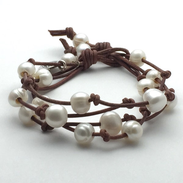 Multistrand Leather Pearl Bracelet. Rustic Brown Leather, White Freshwater Pearls, Lotus Flower Charm Yoga Jewelry, Wrap Bracelet