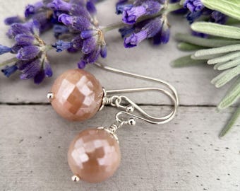 Peach Moonstone Drop Earrings | Dainty Sterling Silver Gemstone Jewelry | June Birthstone Gift for Her