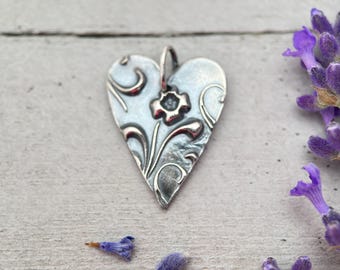 Sterling Silver Heart Pendant – Floral Textured Charm – Handmade Silver Jewelry – Gift for Her