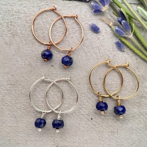 Lapis Charm Hoop Earrings Available in Solid 925 Sterling Silver, 14k Yellow or Rose Gold Fill