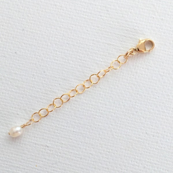 Jewelry Extender in 14k Yellow Gold Fill with White Freshwater Pearl Charm. Custom lengths. Layered Necklaces, Bracelets & Anklets