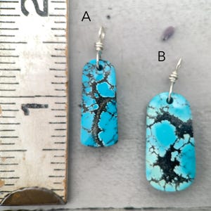 May include: Two turquoise earrings with black veining and silver wire hooks. The earrings are rectangular and oval-shaped. The ruler next to the earrings shows the length of the rectangular earring is approximately 2.5 cm.