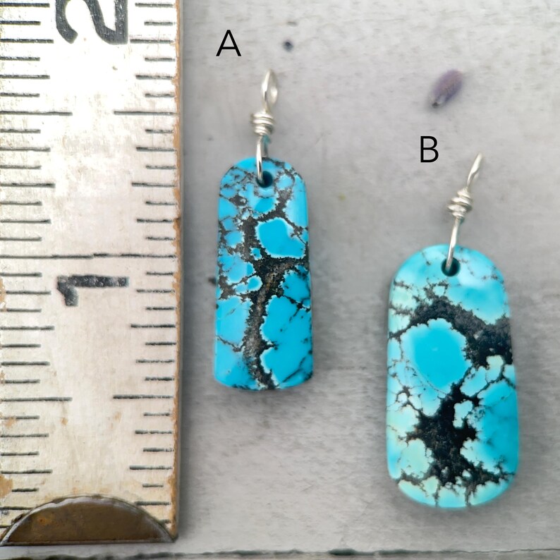 May include: Two turquoise earrings with black veining and silver wire hooks. The earrings are rectangular and oval-shaped. The ruler next to the earrings shows the length of the rectangular earring is approximately 2.5 cm.