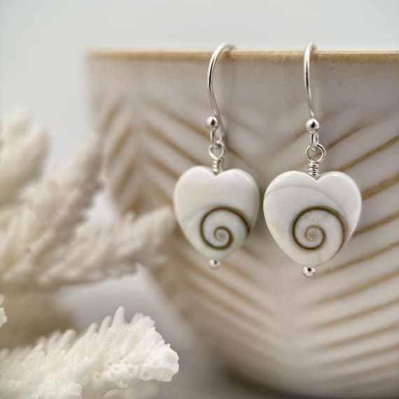 Shiva Eye Shell Heart and Sterling Silver Earrings