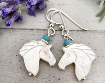 Mother of Pearl Horse Earrings | Sterling Silver & Turquoise | Year of the Horse 2026 | Western Gift for Her