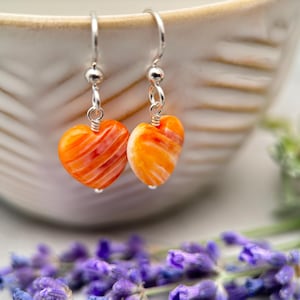 Orange Spiny Oyster Shell Heart and Sterling Silver Earrings