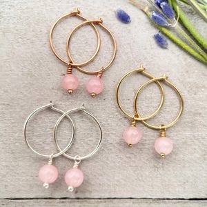 Rose Quartz Charm Hoop Earrings. Available in Solid 925 Sterling Silver, 14k Yellow or Rose Gold Fill