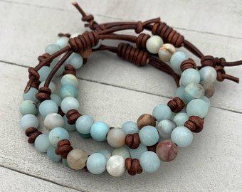 Multicolor Amazonite Gemstone and Rustic Brown Leather Bracelet