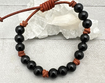 Black Onyx Bracelet | Handmade Adjustable Leather | Black Gemstone Jewelry for Men & Women