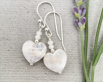 White Moonstone Heart Sterling Silver Earrings - Faceted Gemstone June Birthstone