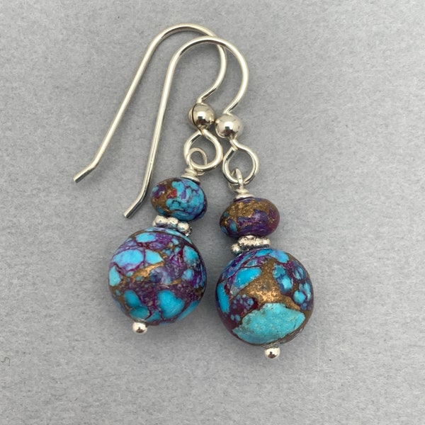 Kingman Mohave Turquoise and Sterling Silver Earrings. Purple Spiny Oyster Shell