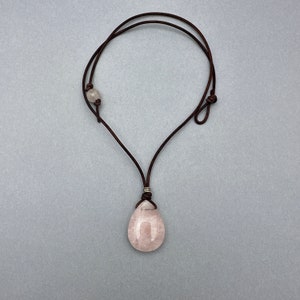 Light Pink Rose Quartz Pendant Leather Necklace. Healing Crystal
