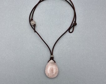 Light Pink Rose Quartz Pendant Leather Necklace. Healing Crystal