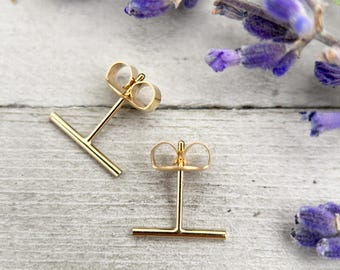 Gold T-Bar Line Stud Earrings | 14K Yellow Gold Fill. Staple, Line Earrings | Minimalist Jewelry For Him or Her
