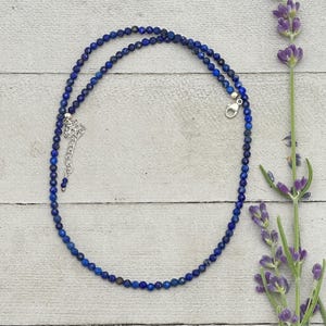 Blue Lapis Lazuli Beaded Necklace – 3mm Faceted Gemstone with Sterling Silver Clasp