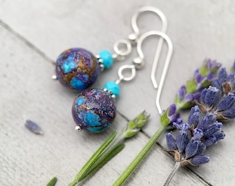 Kingman Mohave Turquoise Earrings | Sterling Silver | Purple Dahlia Spiny Oyster Shell Jewelry