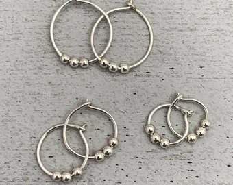 Sterling Silver Small Hoop Earrings with 3 Silver Ball Beads