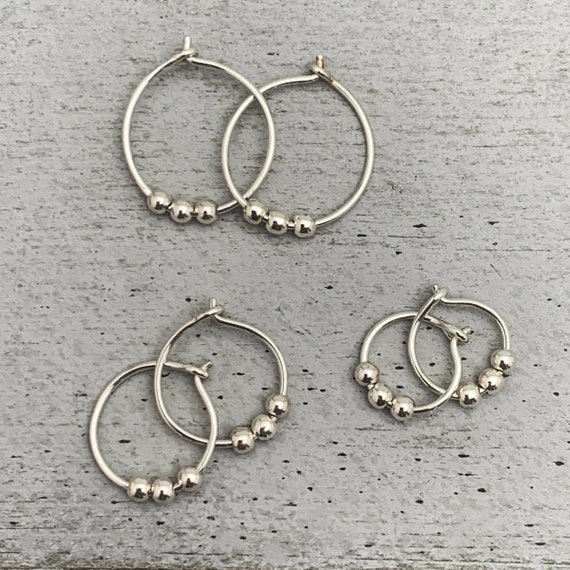 Sterling Silver Hammered Hoop Chain Earrings with Small Gemstones 3 Hoop Drop