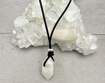 Moonstone Crystal Point Pendant Leather Necklace. Healing Crystal