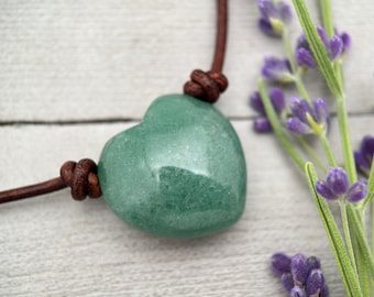 Green Aventurine Heart Pendant Necklace – Rustic Brown Leather Cord Crystal Jewelry - May & August Alternative Birthstone Jewelry