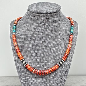 Red Spiny Oyster, Kingman Turquoise, and Navajo Pearl Necklace. Solid 925 Sterling Silver
