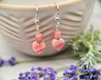 Pink Rhodochrosite Heart Earrings with Solid Sterling Silver