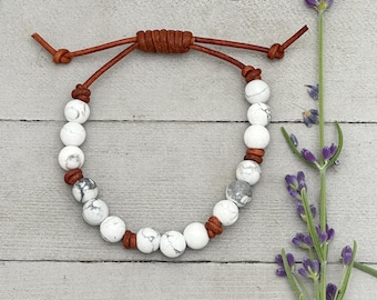 White Howlite Bracelet - Brown Leather – Gemstone Jewelry Gift for Men & Women