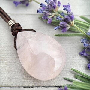 Rose Quartz Pendant Leather Necklace - Light Pink Healing Crystal - Rustic Brown Leather