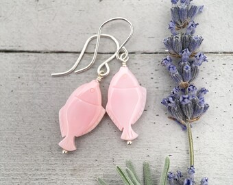 Pink Queen Conch Fish Earrings, Sterling Silver & Hand Carved Shell Earrings, Coastal Jewelry, Beach Lover Gift, Ocean Inspired Earrings