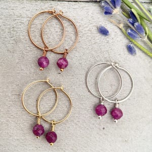 Ruby Charm Hoop Earrings. Available in Solid 925 Sterling Silver, 14k Yellow or Rose Gold Fill