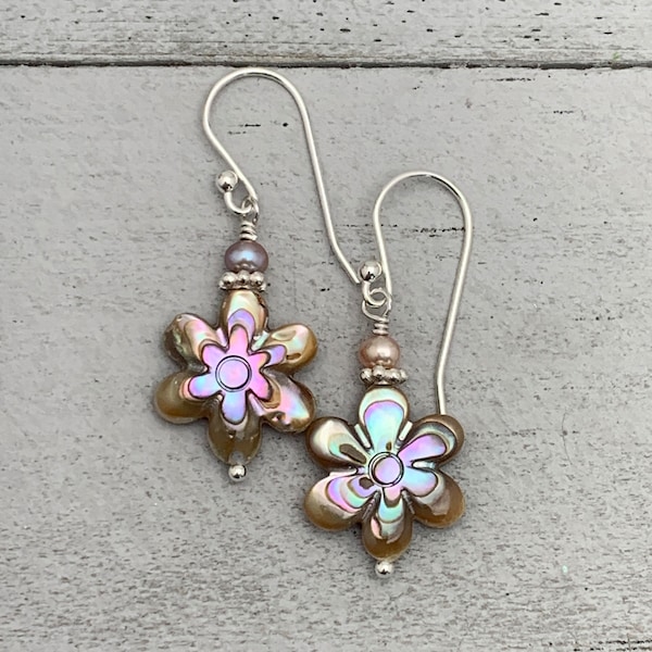 Paua Abalone Shell Flower Earrings. Solid 925 Sterling Silver and Mother of Pearl