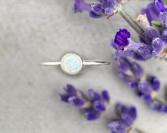 Opal Stacking Ring. Solid 925 Sterling Silver with Simulated Lab Opal. Size 4.5 - 8 US. Thin band. Stackable