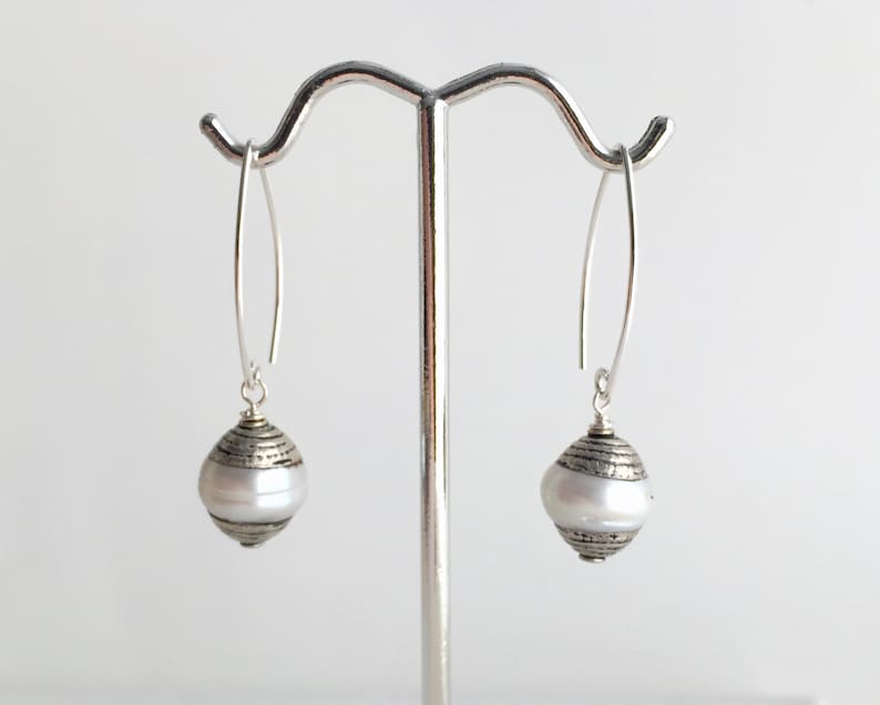 Freshwater Pearls Capped with Tibetan Silver Accented with Sterling Silver Tibetan Silver Pearl Earrings