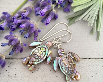 Paua Abalone Shell Sea Turtle and Sterling Silver Earrings. Mother of Pearl