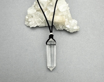 Crystal Quartz Point Pendant Leather Necklace. Healing Crystal