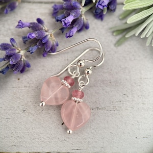 Rose Quartz Heart Earrings - Solid Sterling Silver - Pink Gemstone