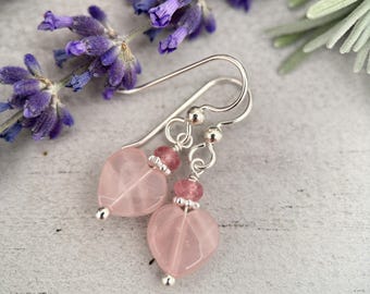 Rose Quartz Heart Earrings - Solid Sterling Silver - Pink Gemstone