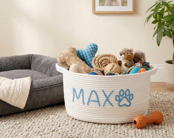 Personalized Dog Toy Storage Basket: Handwoven Cotton Rope, Pet Owner Gift