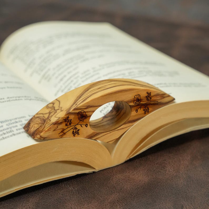 Birth Month Flower Book Page Holder: Custom Walnut Thumb Rest for Easy Page Holding image 2