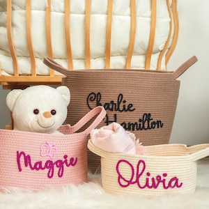 Panier cadeau personnalisé pour baby shower, cadeau nouveau-né, panier pour chambre de bébé en corde de coton, panier couverture, organiseur de jouets, cadeau prénom personnalisé pour bébé