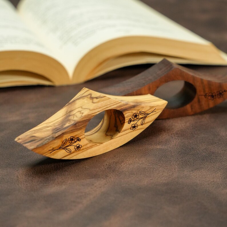 Birth Month Flower Book Page Holder: Custom Walnut Thumb Rest for Easy Page Holding image 7