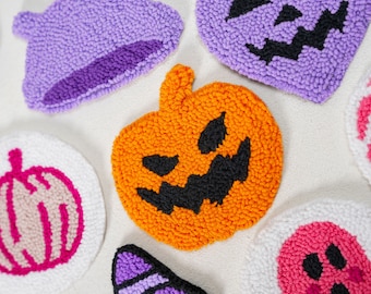 Handmade Halloween Car Coaster Set, Punch Needle Embroidered Cotton Decor