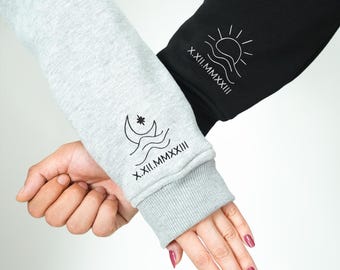 Custom Roman Numeral Anniversary Hoodie: Embroidered Sun and Moon Design, Matching Couple Outfit