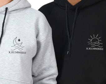 Matching Couple Sweatshirt with Roman Numeral: Custom Embroidered Sun and Moon Design, Anniversary Gifts