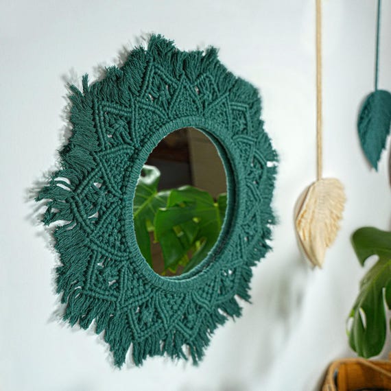 Handmade Boho Macrame Mirror, Organic Cotton Wall Decor