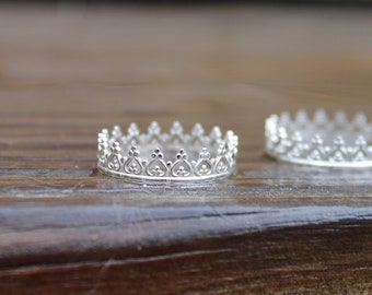 Crown Ring with Heart design Tiara Princess Royal Queen Sterling silver lightweight band dainty sweet band