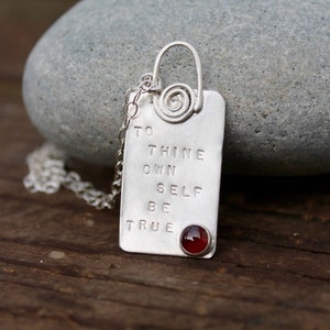 To Thine Own Self Be True. Shakespeare Necklace Sterling silver. Inspirational poems birthstone Hand stamped. Quote. Red Stone Garnet image 2