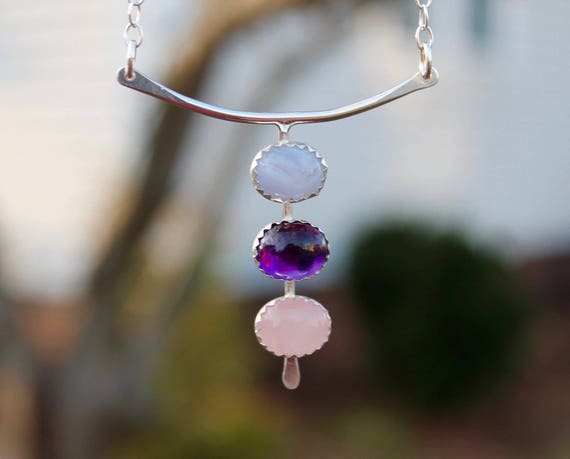 Three Stone Necklace. Oval Cabochons. Bezel Set. Silver Bar  Sterling Silver 925 Quartz Cabochon Bezel Set Statement Pendant 1.75\