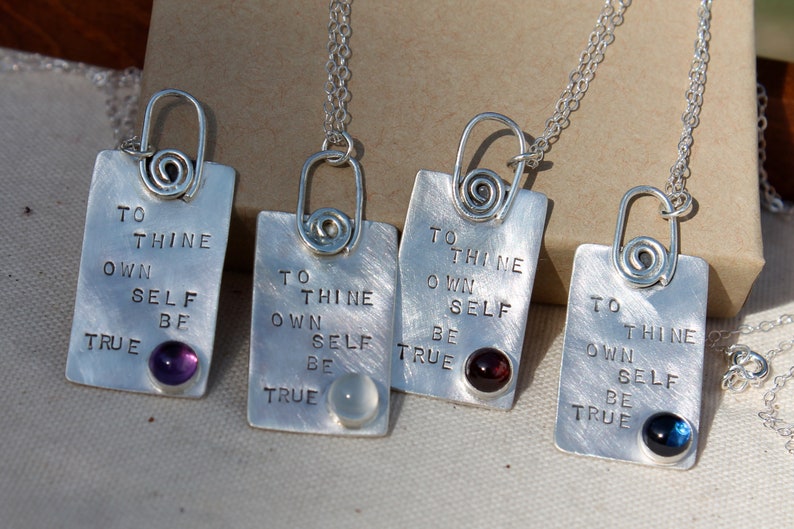 To Thine Own Self Be True. Shakespeare Necklace Sterling silver. Inspirational poems birthstone Hand stamped. Quote. Red Stone Garnet image 1