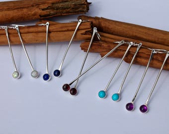 Long silver stick with stone earrings ultra violet Mothers Day Turquoise Garnet Citrine Emerald Moonstone Amethyst Mother of Pearl Opal Onyx